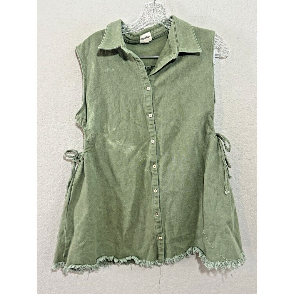Peach Love size L Green Bleached Stained Vest Raw hem Cutouts Sleeveless Boutiqu